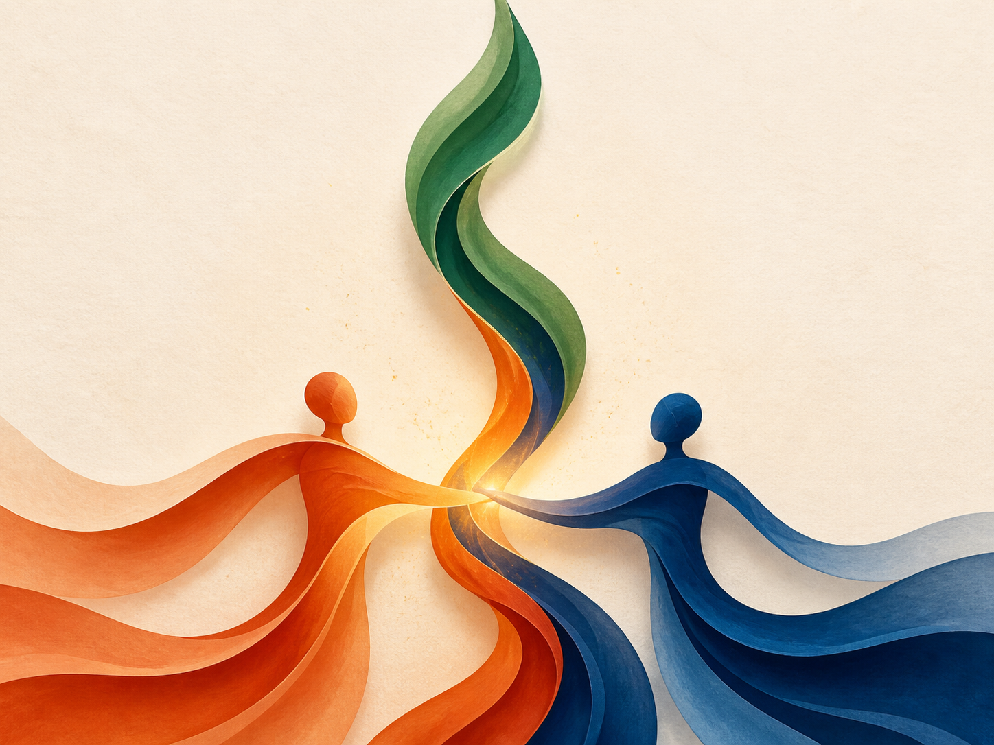 Two flowing forms, one orange and one blue, meet and rise together as a shared green path